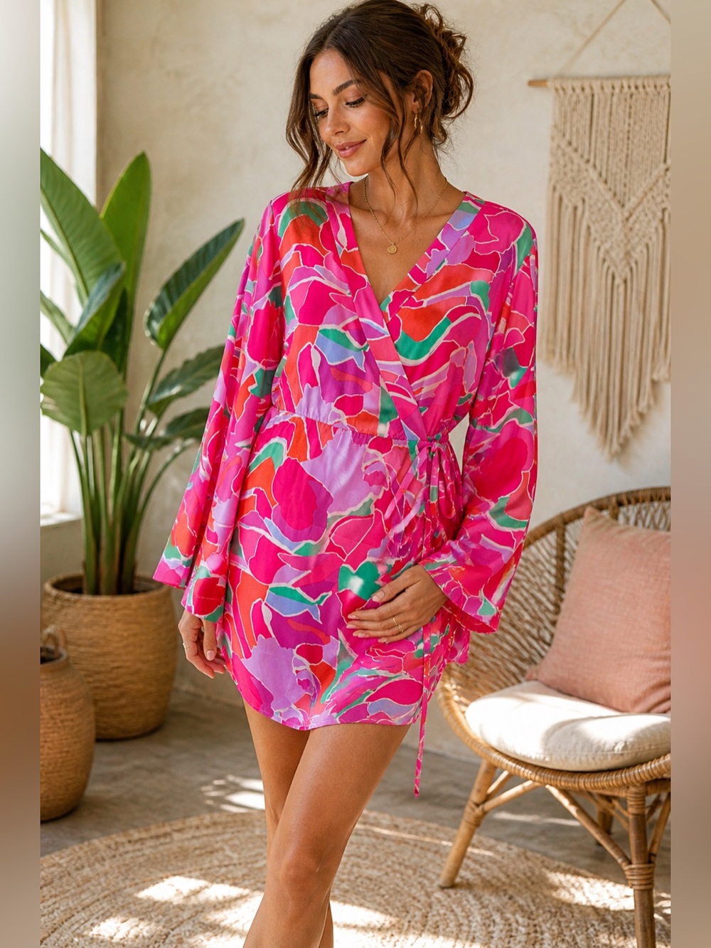 ASOS Maternity Pink Abstract Wrap Mini Dress Boho Baby Shower Vacation US 6